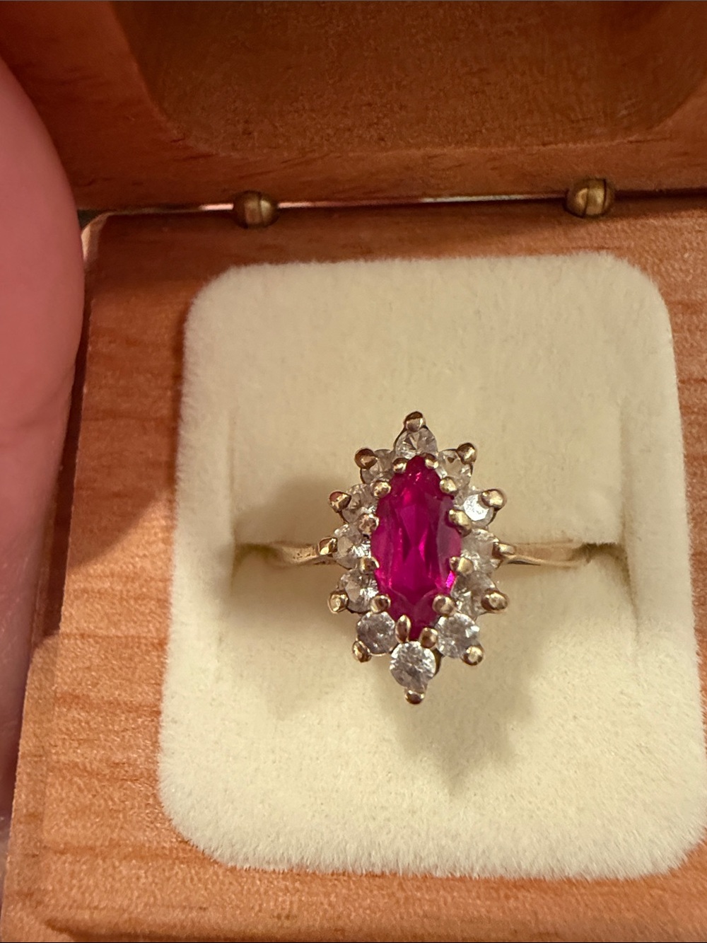 10 K Gold Ring with Fuchsia Pink Center Stone and Clear diamonds.